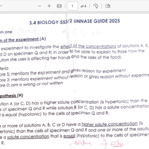 S.4 Biology UNNASE scoring guide paper 2 2025