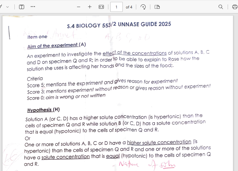 S.4 Biology UNNASE scoring guide paper 2 2025